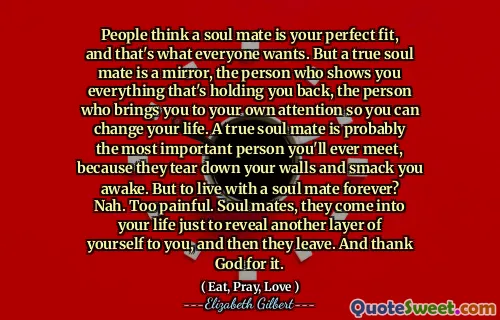 People think a soul mate is your perfect fit, and that's what everyone wants. But a true soul mate is a mirror, the person who shows you everything that's holding you back, the person who brings you to your own attention so you can change your life. A true soul mate is probably the most important person you'll ever meet, because they tear down your walls and smack you awake. But to live with a soul mate forever? Nah. Too painful. Soul mates, they come into your life just to reveal another layer of yourself to you, and then they leave. And thank God for it.