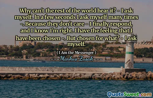 Why can't the rest of the world hear it? - I ask myself. In a few seconds I ask myself many times -. Because they don't care - I finally respond, and I know I'm right. I have the feeling that I have been chosen -. But chosen for what? - I ask myself.