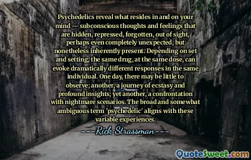 Psychedelics reveal what resides in and on your mind — subconscious thoughts and feelings that are hidden, repressed, forgotten, out of sight, perhaps even completely unexpected, but nonetheless inherently present. Depending on set and setting, the same drug, at the same dose, can evoke dramatically different responses in the same individual. One day, there may be little to observe; another, a journey of ecstasy and profound insights; yet another, a confrontation with nightmare scenarios. The broad and somewhat ambiguous term 'psychedelic' aligns with these variable experiences.