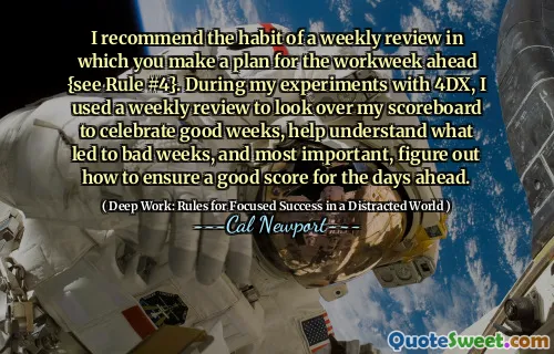 I recommend the habit of a weekly review in which you make a plan for the workweek ahead {see Rule #4}. During my experiments with 4DX, I used a weekly review to look over my scoreboard to celebrate good weeks, help understand what led to bad weeks, and most important, figure out how to ensure a good score for the days ahead.