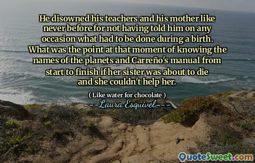 He disowned his teachers and his mother like never before for not having told him on any occasion what had to be done during a birth. What was the point at that moment of knowing the names of the planets and Carreño's manual from start to finish if her sister was about to die and she couldn't help her.