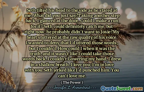 Seth tilted his head to the side as he stared at me. What did you just say?Taking another step back, I glanced at the door. Could I make a run for it? Seth could definitely catch me, but right now, he probably didn't want to.Josie?My heart stuttered at the raw quality of his voice. I wanted to deny that I'd uttered those words, but I couldn't. How could I when it was the truth, and it wasn't like I could take those words back. I couldn't.Lowering my hand, I drew in a shallow breath. I love you; I'm in love with you.Seth jerked like I'd punched him. You can't love me.