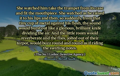 She watched him take the trumpet from its case and fit the mouthpiece. She watched as he raised it to his lips and then, so suddenly, from that tiny cup of metal against his flesh, the sound would burst out like a glorious, brilliant knife dividing the air. And the little room would reverberate and the flies, jolted out of their torpor, would buzz round and round as if riding the swirling notes.
