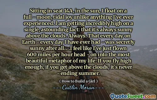 Sitting in seat 14A, in the sun, I float on a full - moon, tidal joy unlike anything I've ever experienced. I am getting incredibly high on a single, astounding fact: that it's always sunny above the clouds. Always. That every day on Earth - every day I have ever had - was secretly sunny after all... .I feel like I've just flown 600 miles per hour head - on into the most beautiful metaphor of my life: If you fly high enough, if you get above the clouds, it's never - ending summer.