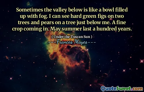 Sometimes the valley below is like a bowl filled up with fog. I can see hard green figs on two trees and pears on a tree just below me. A fine crop coming in. May summer last a hundred years.