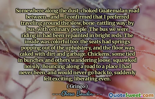 Somewhere along the dust-choked Guatemalan road between... and... I confirmed that I preferred traveling around the slow, bone-rattling way: by bus, with ordinary people. The bus we were riding in had been repainted in bright reds. The inside was colorful too: the seats had springs popping out of the upholstery, and the floor was caked with dirt and garbage. Chickens, some tied in bunches and others wandering loose, squawked noisily. Bouncing along a road to a place I had never been, and would never go back to, suddenly felt exciting, liberating even.