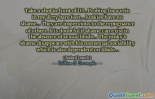 在D.L.面前开枪在我肮脏的赤脚中探索静脉……瘾君子没有羞耻……他们对别人的厌恶无能为力。如果没有性性欲的情况下是否可以存在羞耻感，这是令人怀疑的……垃圾的羞耻因他的非性社交能力而消失了，这也取决于性欲……
