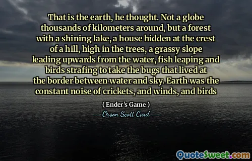 That is the earth, he thought. Not a globe thousands of kilometers around, but a forest with a shining lake, a house hidden at the crest of a hill, high in the trees, a grassy slope leading upwards from the water, fish leaping and birds strafing to take the bugs that lived at the border between water and sky. Earth was the constant noise of crickets, and winds, and birds