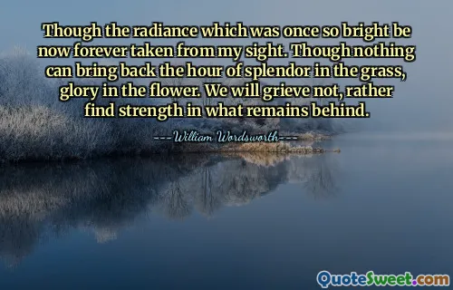 Though the radiance which was once so bright be now forever taken from my sight. Though nothing can bring back the hour of splendor in the grass, glory in the flower. We will grieve not, rather find strength in what remains behind.