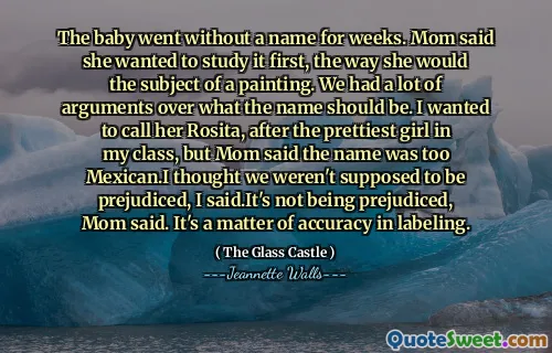 Barnet gick utan namn i veckor. Mamma sa att hon ville studera det först, hur hon skulle vara föremål för en målning. Vi hade många argument om vad namnet ska vara. Jag ville kalla henne Rosita, efter den vackraste flickan i min klass, men mamma sa att namnet var för mexikansk. Jag trodde att vi inte skulle vara fördomade, sa jag. Det är inte fördomat, sa mamma. Det är en fråga om noggrannhet vid märkning.