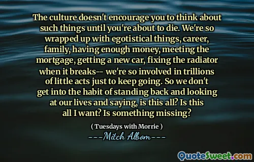 La cultura no te anima a pensar en esas cosas hasta que estás a punto de morir. Estamos tan envueltos con cosas egoístas, carrera, familia, tener suficiente dinero, conocer la hipoteca, obtener un automóvil nuevo, arreglar el radiador cuando se rompe, estamos tan involucrados en billones de pequeños actos solo para seguir adelante. Entonces, no nos acostumbramos a retroceder y mirar nuestras vidas y decir, ¿es todo esto? ¿Es esto todo lo que quiero? ¿Falta algo?