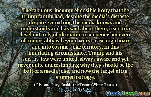 The fabulous, incomprehensible irony that the Trump family had, despite the media's distaste, despite everything the media knows and understands and has said about them, risen to a level not only of ultimate consequence but even of immortality is beyond worst-case nightmare and into cosmic-joke territory. In this infuriating circumstance, Trump and his son-in-law were united, always aware and yet never quite understanding why they should be the butt of a media joke, and now the target of its stunned outrage.