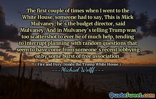 The first couple of times when I went to the White House, someone had to say, This is Mick Mulvaney, he's the budget director, said Mulvaney. And in Mulvaney's telling Trump was too scattershot to ever be of much help, tending to interrupt planning with random questions that seem to have come from someone's recent lobbying or by some burst of free association.
