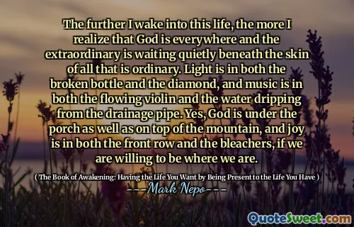 The further I wake into this life, the more I realize that God is everywhere and the extraordinary is waiting quietly beneath the skin of all that is ordinary. Light is in both the broken bottle and the diamond, and music is in both the flowing violin and the water dripping from the drainage pipe. Yes, God is under the porch as well as on top of the mountain, and joy is in both the front row and the bleachers, if we are willing to be where we are.