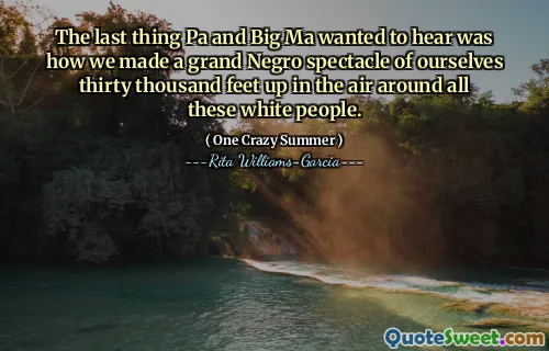 The last thing Pa and Big Ma wanted to hear was how we made a grand Negro spectacle of ourselves thirty thousand feet up in the air around all these white people.