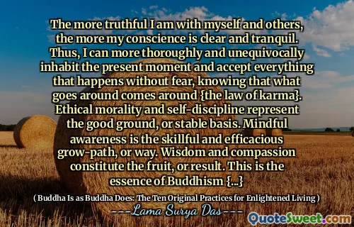 The more truthful I am with myself and others, the more my conscience is clear and tranquil. Thus, I can more thoroughly and unequivocally inhabit the present moment and accept everything that happens without fear, knowing that what goes around comes around {the law of karma}. Ethical morality and self-discipline represent the good ground, or stable basis. Mindful awareness is the skillful and efficacious grow-path, or way. Wisdom and compassion constitute the fruit, or result. This is the essence of Buddhism {...}