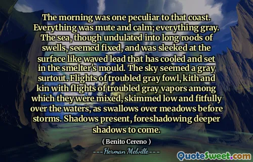 早晨是那个海岸的一个特殊之处。一切都静音而平静。一切灰色。海洋虽然被起伏在长长的膨胀中，但似乎是固定的，在表面上散发着圆滑的铅，就像挥舞着的铅一样冷却并放在冶炼厂的模具中。天空似乎是灰色的潮流。陷入困境的灰禽，柯特（Kith）和亲戚的飞行中，有陷入困境的灰色蒸气的飞行，其中将它们混合在一起，低调且正确地在水域上，因为在暴风雨前吞下了草地上的吞咽。存在阴影，预示着即将到来的更深的阴影。