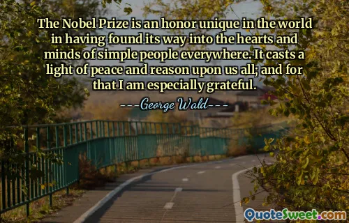 Нобелевская премия — это уникальная честь в мире, которая проникла в сердца и умы простых людей во всем мире. Оно проливает на всех нас свет мира и разума; и за это я особенно благодарен.