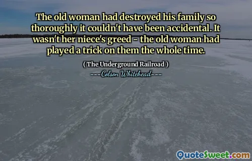 The old woman had destroyed his family so thoroughly it couldn't have been accidental. It wasn't her niece's greed - the old woman had played a trick on them the whole time.