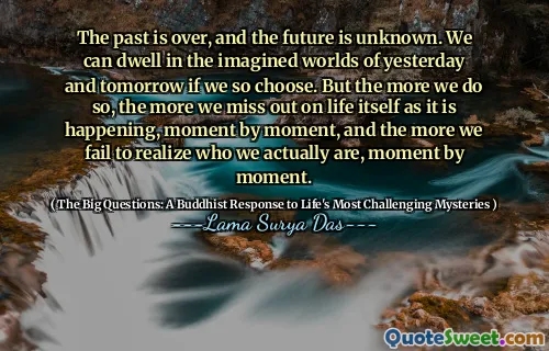 The past is over, and the future is unknown. We can dwell in the imagined worlds of yesterday and tomorrow if we so choose. But the more we do so, the more we miss out on life itself as it is happening, moment by moment, and the more we fail to realize who we actually are, moment by moment.