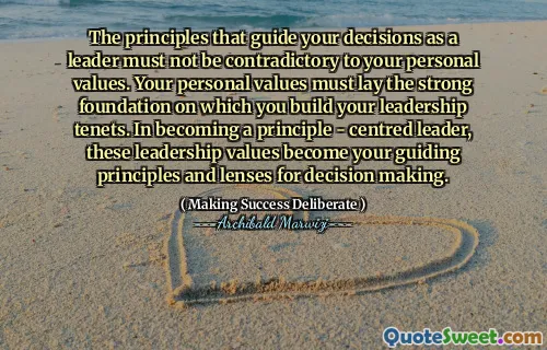 The principles that guide your decisions as a leader must not be contradictory to your personal values. Your personal values must lay the strong foundation on which you build your leadership tenets. In becoming a principle - centred leader, these leadership values become your guiding principles and lenses for decision making.
