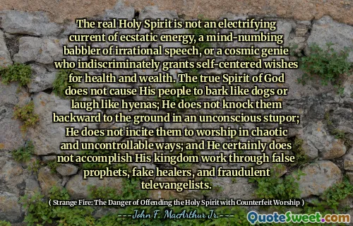 The real Holy Spirit is not an electrifying current of ecstatic energy, a mind-numbing babbler of irrational speech, or a cosmic genie who indiscriminately grants self-centered wishes for health and wealth. The true Spirit of God does not cause His people to bark like dogs or laugh like hyenas; He does not knock them backward to the ground in an unconscious stupor; He does not incite them to worship in chaotic and uncontrollable ways; and He certainly does not accomplish His kingdom work through false prophets, fake healers, and fraudulent televangelists.