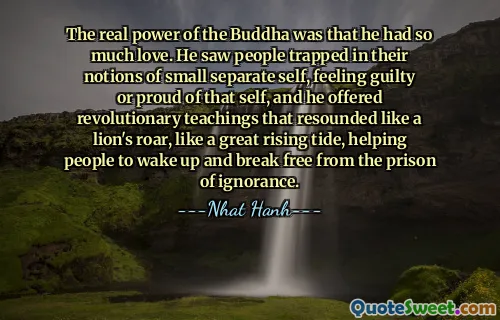बुद्ध की असली शक्ति यह थी कि उनमें इतना प्रेम था। उन्होंने लोगों को अपने छोटे से अलग आत्म की धारणाओं में फंसे हुए, उस आत्म के प्रति दोषी या गर्व महसूस करते हुए देखा, और उन्होंने क्रांतिकारी शिक्षाएं दीं जो शेर की दहाड़ की तरह गूंजती थीं, एक महान उभरते ज्वार की तरह, लोगों को जागने और अज्ञानता की जेल से मुक्त होने में मदद करती थीं।