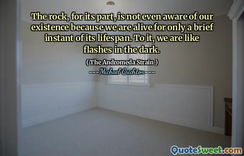 Le rocher, pour sa part, n'est même pas au courant de notre existence parce que nous ne sommes en vie que pour un bref instant de sa durée de vie. Pour cela, nous sommes comme des flashs dans l'obscurité.