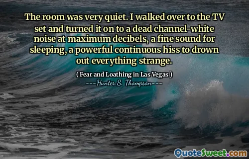 The room was very quiet. I walked over to the TV set and turned it on to a dead channel-white noise at maximum decibels, a fine sound for sleeping, a powerful continuous hiss to drown out everything strange.