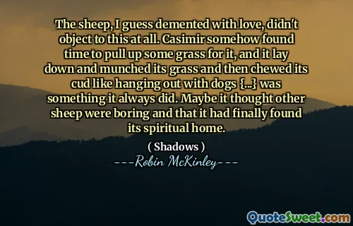 The sheep, I guess demented with love, didn't object to this at all. Casimir somehow found time to pull up some grass for it, and it lay down and munched its grass and then chewed its cud like hanging out with dogs {...} was something it always did. Maybe it thought other sheep were boring and that it had finally found its spiritual home.