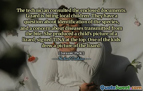 기술자는 동봉 된 문서와 상담했습니다. 도마뱀은 현지 아이들을 물고 있습니다. 그들은 종의 식별과 물린에서 전염 된 질병에 대한 우려에 대한 의문이 있습니다. 그녀는 어린이의 도마뱀 사진을 제작하여 Tina에 서명했습니다. 아이들 중 한 명이 도마뱀 사진을 그렸습니다.