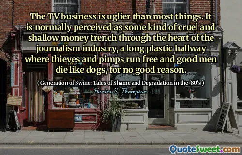 电视业务比大多数事情都丑。通常，它被视为某种残酷而浅薄的钱，穿过新闻业的心脏，这是一个长长的塑料走廊，盗贼和皮条客自由地奔跑，好人像狗一样死亡，没有充分的理由。