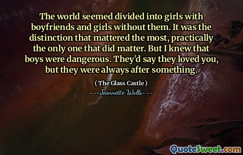 Världen verkade uppdelad i flickor med pojkvänner och flickor utan dem. Det var skillnaden som betydde mest, praktiskt taget den enda som spelade någon roll. Men jag visste att pojkar var farliga. De skulle säga att de älskade dig, men de var alltid ute efter något.