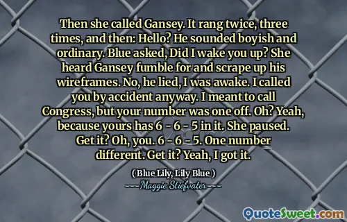Then she called Gansey. It rang twice, three times, and then: Hello? He sounded boyish and ordinary. Blue asked, Did I wake you up? She heard Gansey fumble for and scrape up his wireframes. No, he lied, I was awake. I called you by accident anyway. I meant to call Congress, but your number was one off. Oh? Yeah, because yours has 6 - 6 - 5 in it. She paused. Get it? Oh, you. 6 - 6 - 5. One number different. Get it? Yeah, I got it.