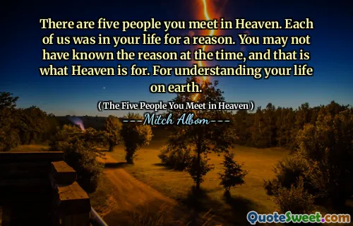 Es gibt fünf Menschen, die Sie im Himmel treffen. Jeder von uns war aus einem bestimmten Grund in Ihrem Leben. Möglicherweise haben Sie damals den Grund nicht gewusst, und dafür ist der Himmel. Um Ihr Leben auf Erden zu verstehen.