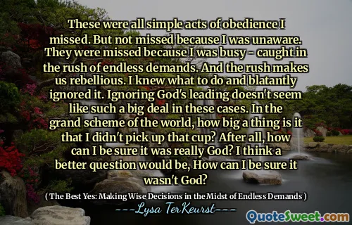 These were all simple acts of obedience I missed. But not missed because I was unaware. They were missed because I was busy - caught in the rush of endless demands. And the rush makes us rebellious. I knew what to do and blatantly ignored it. Ignoring God's leading doesn't seem like such a big deal in these cases. In the grand scheme of the world, how big a thing is it that I didn't pick up that cup? After all, how can I be sure it was really God? I think a better question would be, How can I be sure it wasn't God?