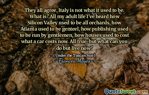 They all agree, Italy is not what it used to be. What is? All my adult life I've heard how Silicon Valley used to be all orchards, how Atlanta used to be genteel, how publishing used to be run by gentlemen, how houses used to cost what a car costs now. All true, but what can you do but live now?