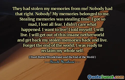 They had stolen my memories from me! Nobody had that right. Nobody! My memories belonged to me. Stealing memories was stealing time. I got so mad, I lost all fear. I didn't care what happened. I want to live! I told myself. I will live. I will get out of this insane netherworld and get back my stolen memories back and live. Forget the end of the world, I was ready to reclaim my whole self.