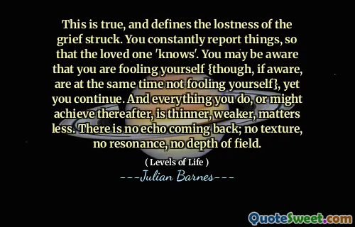 This is true, and defines the lostness of the grief struck. You constantly report things, so that the loved one 'knows'. You may be aware that you are fooling yourself {though, if aware, are at the same time not fooling yourself}, yet you continue. And everything you do, or might achieve thereafter, is thinner, weaker, matters less. There is no echo coming back; no texture, no resonance, no depth of field.