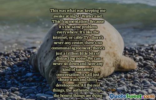 This was what was keeping me awake at night,' Walter said. 'This fragmentation. Because it's the same problem everywhere. It's like the internet, or cable TV- there's never any center, there's no communal agreement, there's just a trillion little bits of distracting noise. We can never sit down and have any kind of sustained conversation, it's all just cheap trash and shitty development. All the real things, the authentic things, the honest things are dying off. Intellectually and culturally, we just bounce around like random billiard balls, reacting to the latest random stimuli.