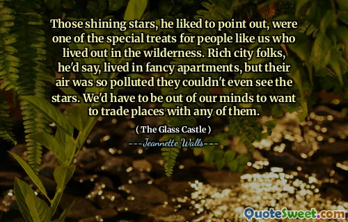 De lysande stjärnorna, gillade han att påpeka, var en av de speciella godbitarna för människor som oss som bodde ute i vildmarken. Rika stadsfolk, skulle han säga, bodde i snygga lägenheter, men deras luft var så förorenad att de inte ens kunde se stjärnorna. Vi måste vara ute av våra sinnen för att vilja handla platser med någon av dem.