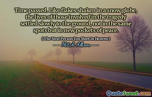 Time passed. Like flakes shaken in a snow globe, the lives of those involved in the tragedy settled slowly to the ground, not in the same spots but in new pockets of peace.