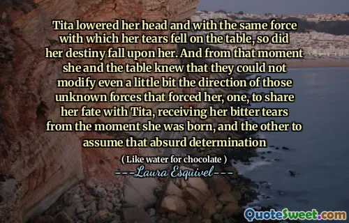 خفضت تيتا رأسها وبنفس القوة التي سقطت بها دموعها على الطاولة ، وكذلك سقط مصيرها عليها. ومنذ تلك اللحظة عرفت هي والطاولة أنه لا يمكنهم تعديل حتى اتجاه تلك القوى المجهولة التي أجبرتها ، واحدة ، على مشاركة مصيرها مع تيتا ، وتلقي دموعها المريرة من اللحظة التي ولدت فيها ، و آخر لافتراض هذا القرار السخيف