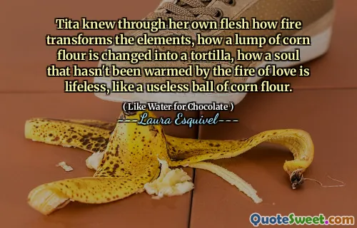 Tita knew through her own flesh how fire transforms the elements, how a lump of corn flour is changed into a tortilla, how a soul that hasn't been warmed by the fire of love is lifeless, like a useless ball of corn flour.