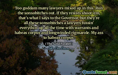 Too goddam many lawyers mixed up in this. Run the sonsobitches out. If they resists shoot 'em, that's what I says to the Governor, but they're all these sonsobitches a lawyers fussin' everythin' up all the time with warrants and habeas corpus and longwinded rigmarole. My ass to habeas corpus.