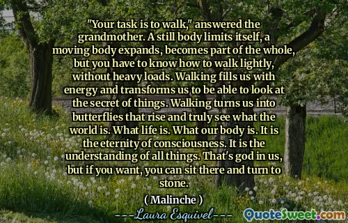"مهمتك هي المشي" ، أجاب الجدة. يحد الجسم الذي لا يزال يحد من نفسه ، ويتوسع الجسم المتحرك ، ويصبح جزءًا من الكل ، ولكن عليك أن تعرف كيفية المشي بخفة ، دون أحمال ثقيلة. يملأنا المشي بالطاقة ويحولنا حتى نتمكن من النظر إلى سر الأشياء. يحولنا المشي إلى الفراشات التي ترتفع وترى حقًا ما هو العالم. ما هي الحياة. ما هو جسمنا. إنه خلود الوعي. هذا هو فهم كل الأشياء. هذا هو الله فينا ، ولكن إذا أردت ، يمكنك الجلوس هناك والتحول إلى الحجر.