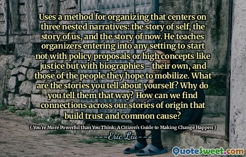 Uses a method for organizing that centers on three nested narratives: the story of self, the story of us, and the story of now. He teaches organizers entering into any setting to start not with policy proposals or high concepts like justice but with biographies - their own, and those of the people they hope to mobilize. What are the stories you tell about yourself? Why do you tell them that way? How can we find connections across our stories of origin that build trust and common cause?