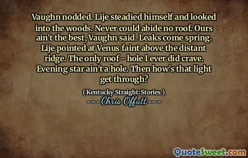 Vaughn nodded. Lije steadied himself and looked into the woods. Never could abide no roof. Ours ain't the best, Vaughn said. Leaks come spring. Lije pointed at Venus faint above the distant ridge. The only roof - hole I ever did crave. Evening star ain't a hole. Then how's that light get through?