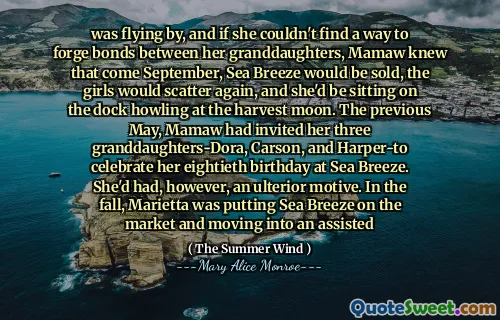 Byla létala kolem, a kdyby nemohla najít způsob, jak vytvořit pouta mezi svými vnučkami, Mamaw věděl, že přijde září, mořský vánek bude prodán, dívky by se znovu rozptýlily a seděla na přístavišti vytí na Harvest Moon. Předchozí květen Mamaw pozval své tři vnučky-dora, Carson a Harper, aby oslavili své osmdesáti narozeniny v mořském vánku. Měla však však postranní motiv. Na podzim Marietta uvedl na trh mořský vánek a přesunul se do asistovaného