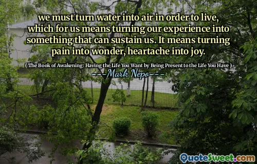 Dobbiamo trasformare l'acqua in aria per vivere, il che per noi significa trasformare la nostra esperienza in qualcosa che può sostenerci. Significa trasformare il dolore in meraviglia, angoscia in gioia.